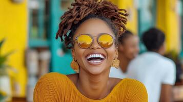 A woman with dreadlocks and yellow sunglasses smiling photo
