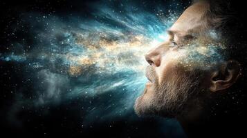 A man with a beard and a space background photo