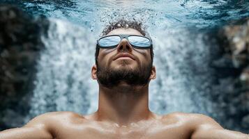 A man wearing sunglasses and swimming in a waterfall photo