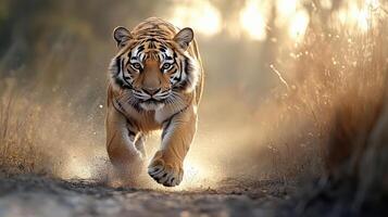 A tiger running through the grassy field photo