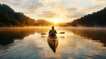 A person in a canoe paddling through a lake at sunrise photo