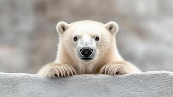 A polar bear is looking over a wall photo