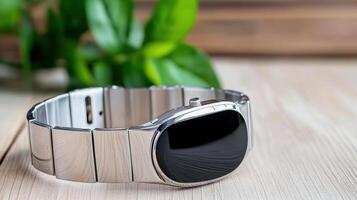 A silver watch on a wooden table photo
