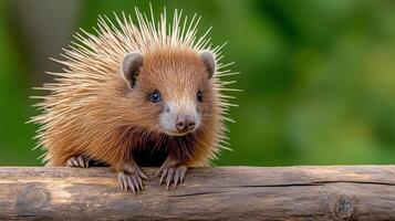 A porcupine is sitting on a log photo