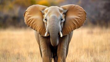 An elephant with its trunk out in the open photo
