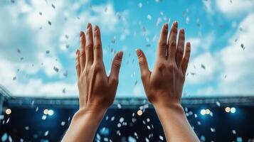 Two hands reaching up to the sky with confetti falling photo
