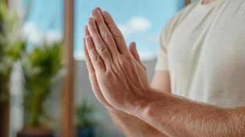 A man is praying with his hands folded photo