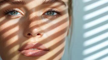 A woman with blue eyes and a sun kissed face photo