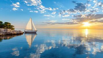 A sailboat is floating in the water at sunset photo