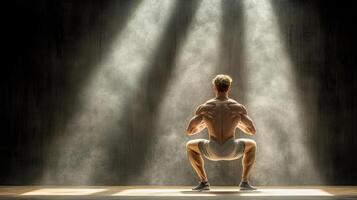 A man is squatting in the light photo