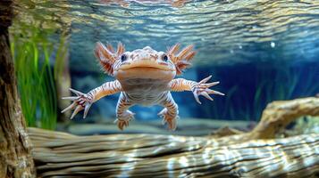 An axolotl is swimming in the water photo