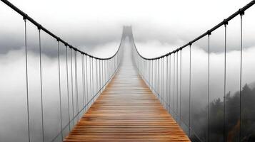 Suspension bridge over the foggy mountains photo