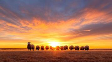 A flock of sheep standing in a field at sunset photo