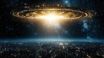 An alien spaceship flying over a city photo