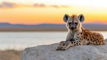 A hyena sits on a rock at sunset photo