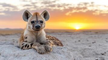 A hyena sitting on a rock in the desert at sunset photo