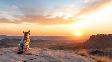 A dog sitting on a rock overlooking the desert at sunset photo