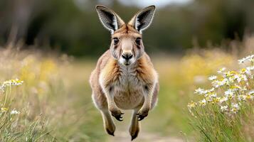 A kangaroo jumping through the air in a field photo