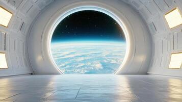 An open door in a white room with a view of earth photo