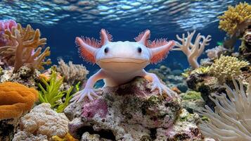 An axolotl is sitting on a coral reef photo