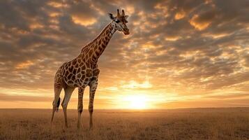 A giraffe stands in the middle of a field at sunset photo
