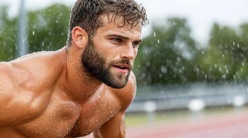 A man with a beard and no shirt on is doing push ups in the rain photo