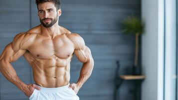 A man with a muscular body standing in front of a window photo