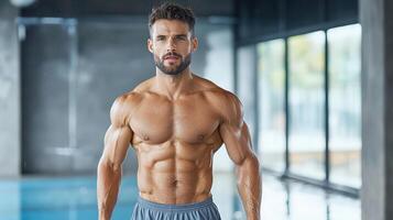 A man with a muscular body standing in front of a pool photo