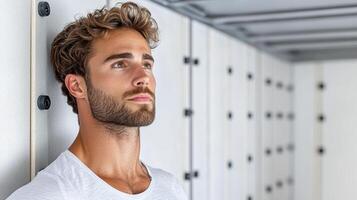 A man with a beard and a white shirt is standing in front of a wall photo