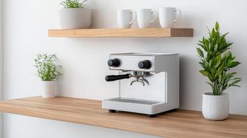 A coffee machine is on a wooden shelf photo
