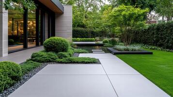 Modern garden design with a walkway and landscaping photo