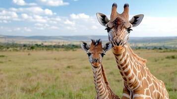 Two giraffes standing in a field photo