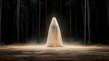 A ghostly figure standing in the middle of a forest photo