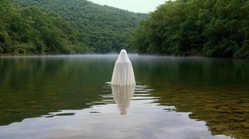 A white object floating in the water near a forest photo
