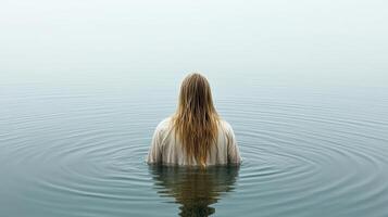 A woman standing in the water with long hair photo