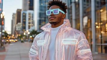 A man wearing a neon jacket and sunglasses photo