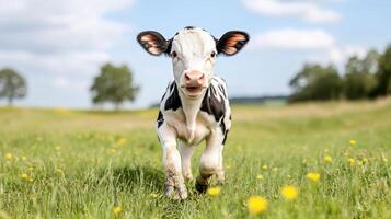 A black and white cow running through a field photo