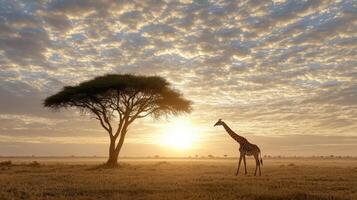 A giraffe stands in front of a tree at sunset photo