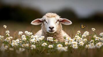 A sheep is standing in a field of flowers photo