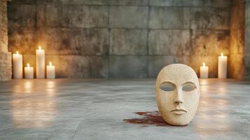 A mask sits on the floor in front of candles photo