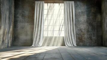 An empty room with a window and curtains photo
