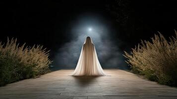 A woman in a long white dress standing in the middle of a dark path photo