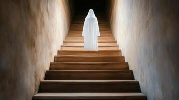 A white ghostly figure standing on the stairs photo