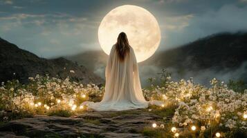 A woman in a white dress standing in front of a full moon photo