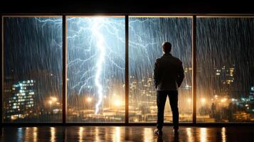 A man standing in front of a window looking out at a city with lightning photo