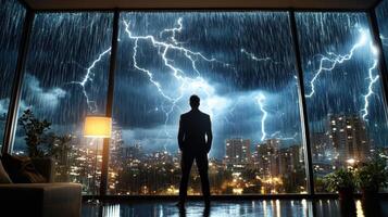 A man standing in front of a window with lightning coming through it photo