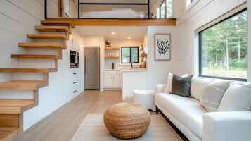 A modern tiny house with stairs and a couch photo