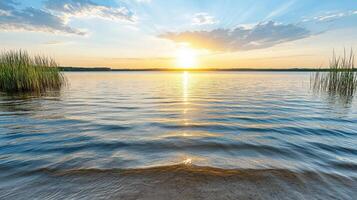 A lake with grass and water at sunset photo
