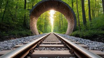 A tunnel in the woods with a train track photo