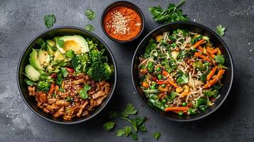 Two bowls of food with vegetables and meat photo